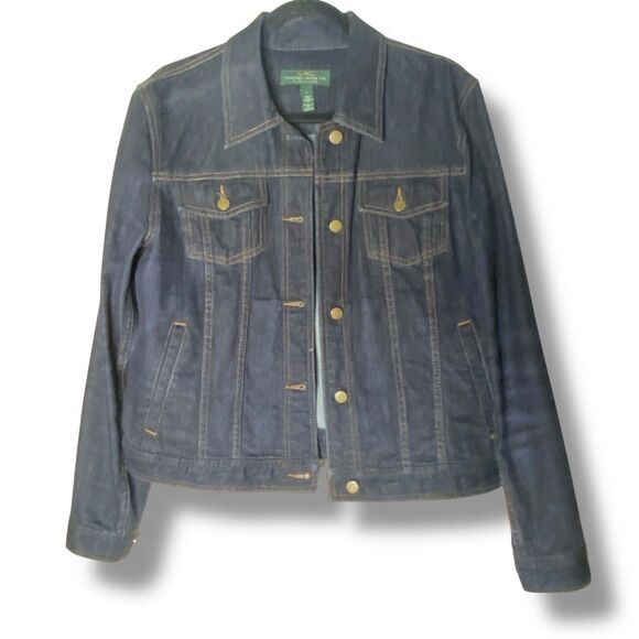 LRL Lauren Jeans Co. Ralph Lauren Large Dark Wash Denim Jean Trucker Jacket Vtg - Picture 1 of 7